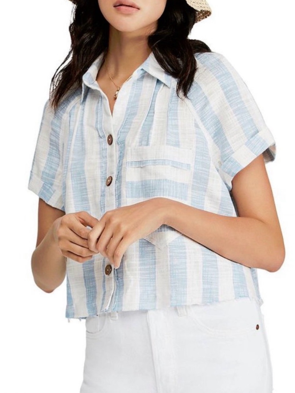 Free People We the Free Away at Sea White Blue Striped Cropped Shirt
